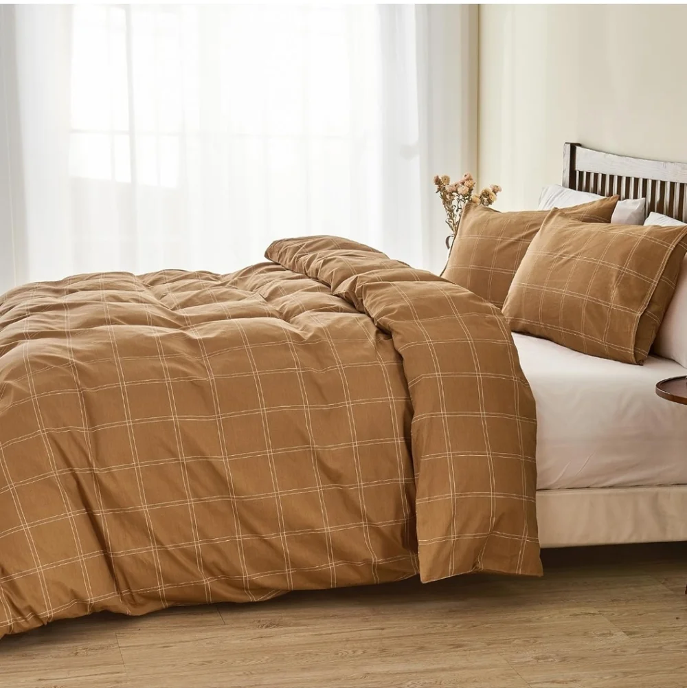 JELLYMONI 100% Natural Cotton Full Duvet Cover Set, 3pcs Plaid Duvet Cover Sets